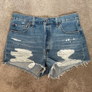 Levi’s 501 Button Fly High-Rise Denim Short W34 Light Wash Distressed Festival